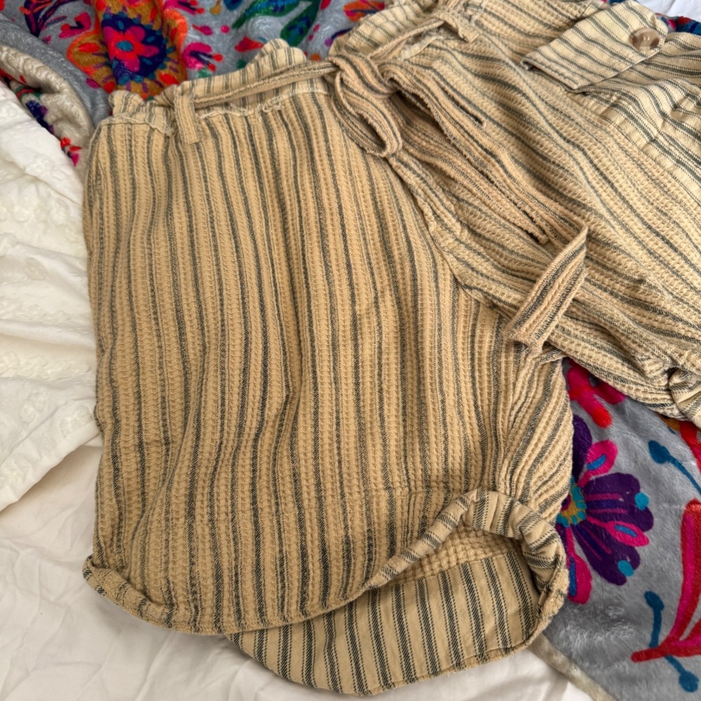 FP One Free People Striped Paperbag Shorts Tan Black Boho Cotton Waffle Small - Picture 8 of 14